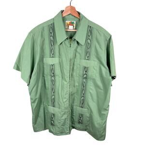 Haband Guayabera Men XL Green Full Zip Floral Embroider Tropical Caribbean Shirt